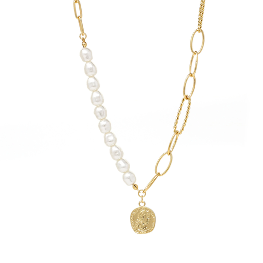 Ancient Coin Charm Necklace, Pearl Necklace Gold, Paperclip Chain Necklace, Chain Linked Gift For Her, Stacking, Coin