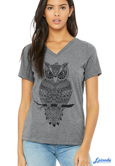 Owl Graphic Print, Women's Tri-Blend Relaxed Fit V-Neck Tee, Gift Shirts, Mom Shirts