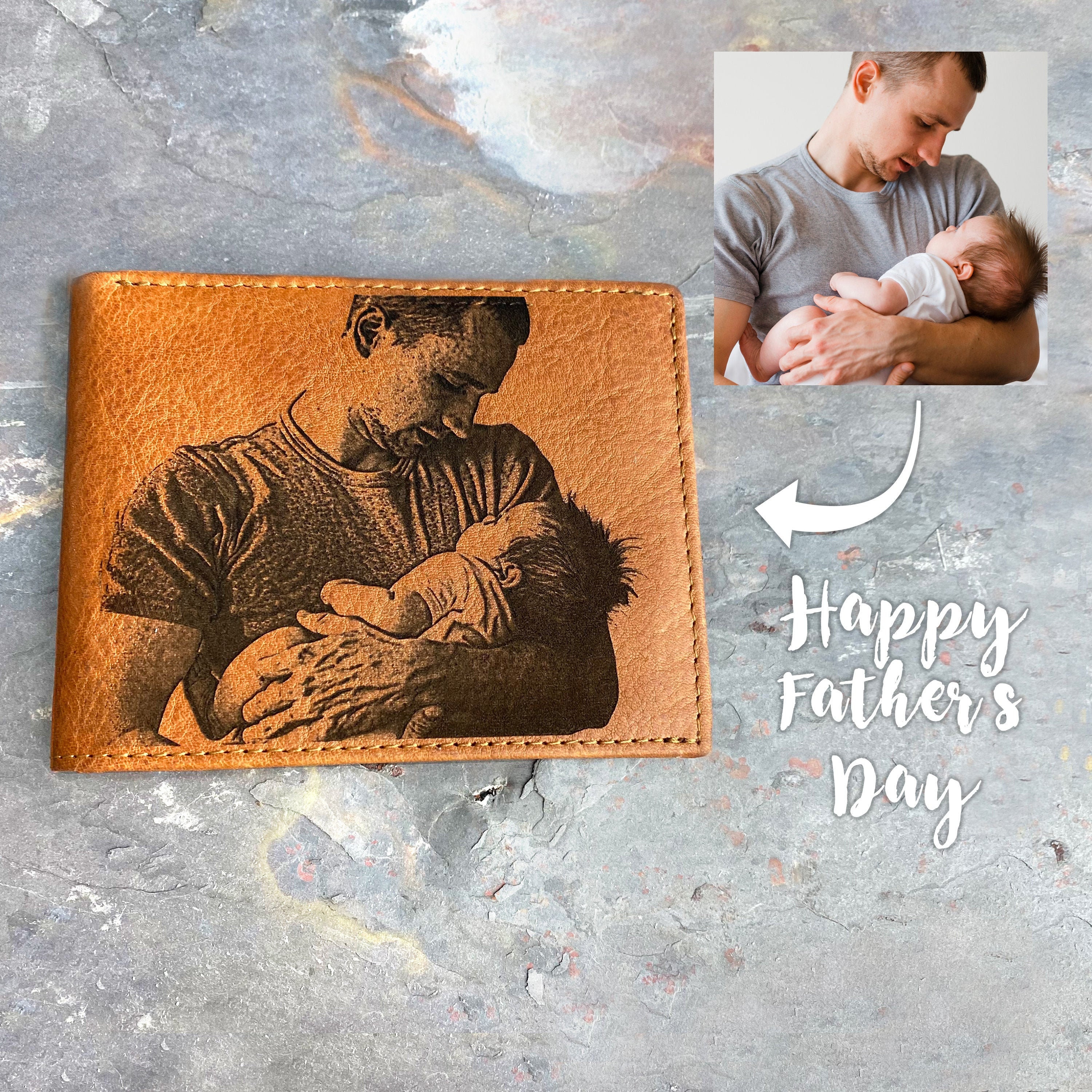 Personalized Photo Men's Wallet Monogram Leather For Men With Signature Drawing Fathers Day Gift From Daughter Dad