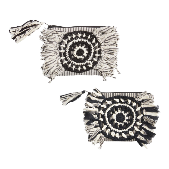 Black and White Upcycled Fabric Silaiwali Zip Pouch: Black/White - Recycled Cotton by World Market