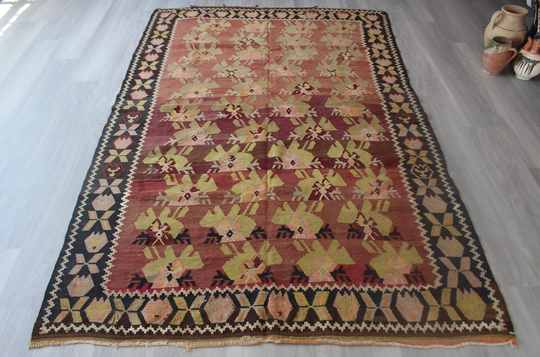 Vintage Karabagh Kilim, Ethnic Rose Design Primitive Kilim Rug ,/N-647 5'3"x8'2" Feet