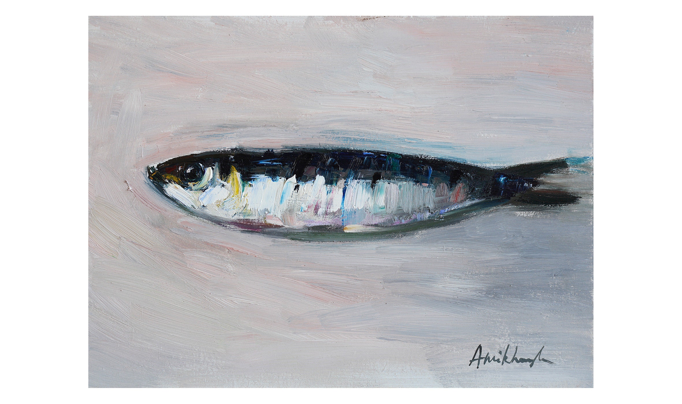 Sardine Original Oil Painting Paintings Food Seafood Small Little Still Life Anchovy Fish Fishy Impressionist Realism Kitchen Sardines White