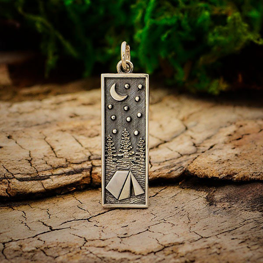 sterling Silver Rectangle Camping Charm With Tent, A4142, Tent Charm, Adventure Charms