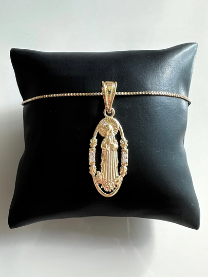 Gold Oval Virgin Mary Necklace, Rose Guadalupe, Our Lady Of Guadalupe With Roses Cz Necklace