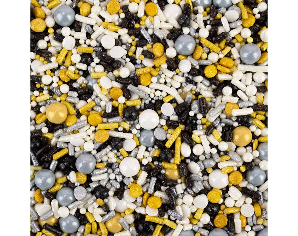 New Year's Sprinkle Blend - Jimmies, Non-Pareils, Sugar Pearls, Candy Beads, & Dots in Glam Shades Of Gold, Silver, Black, White