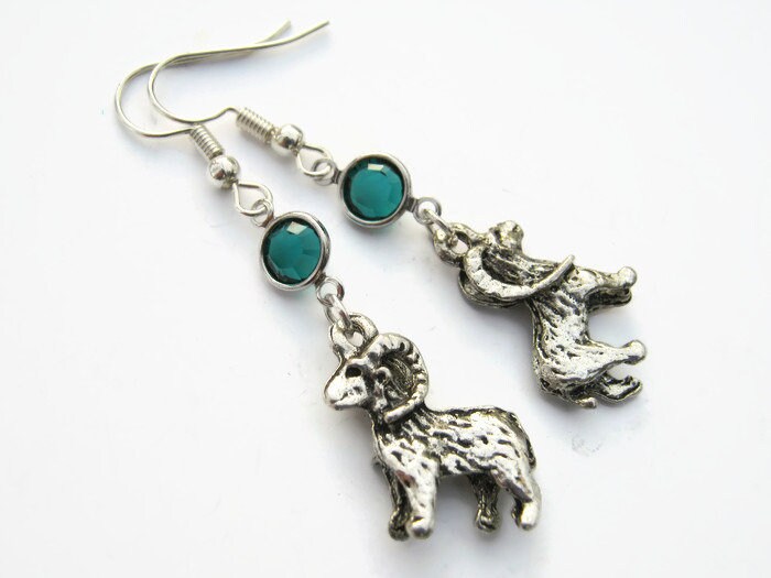 Bighorn Sheep Birthstone Earrings, Personalized Ram Longhorn Animal Jewelry, Nature, Aries