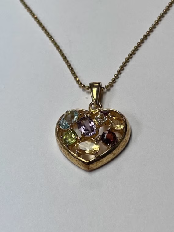 Multi-Gemstone Amethyst Citrine Peridot Heart Pendant With Ball Chain Sterling Silver Gold Plated