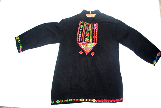 Ethnic Vintage 1960S, Black Rayon Blend, Peasant, Hand Made Blouse With A Multi Color Cross Stitching Embroidery. Size Small