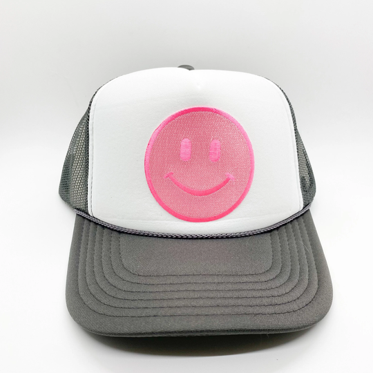 Two-Toned Grey White Pink Smiley Face Trucker Hat | Smile Patch Smiling Foam Mesh Unisex Ball Cap Baseball
