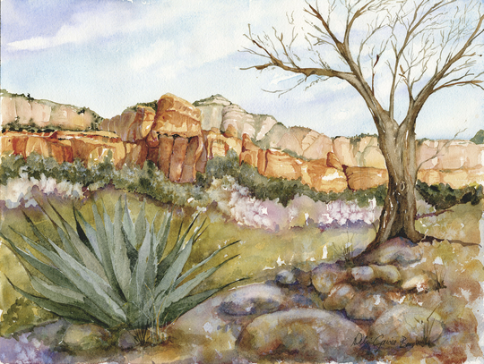 Sedona Watercolor/ Red Rock Art/ Blue Agave/ Southwest Landscape/ Giclee' Print Of Original Debi Garcia-Benson/ Az