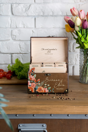 Boho Wedding Recipe Box 4x6 Personalized Bridal Shower Gift Idea Wooden Organizer With Dividers & Cards Floral Card