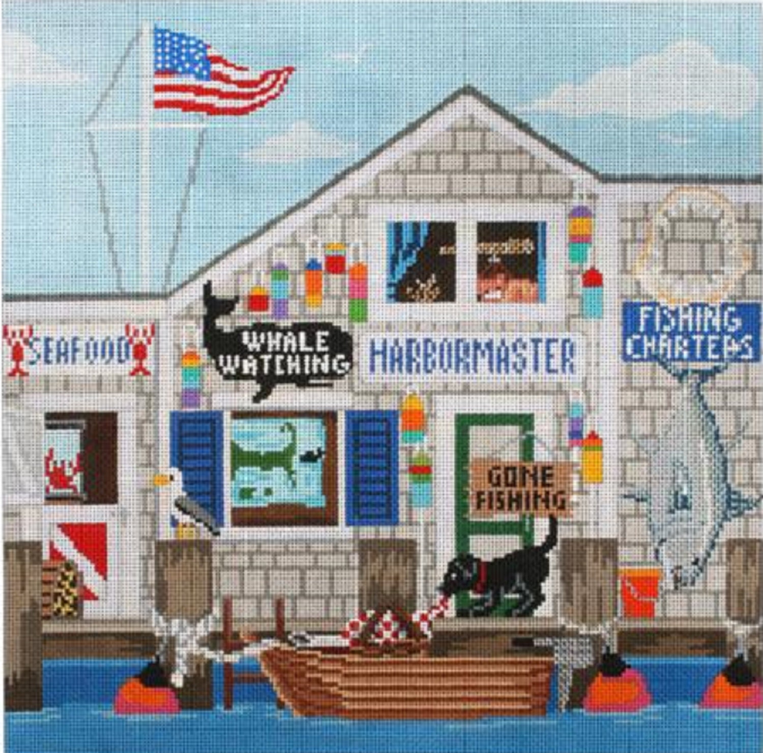 Handpainted Needlepoint Starke Art Fishing Shanty 14x14 -Free Us Shipping