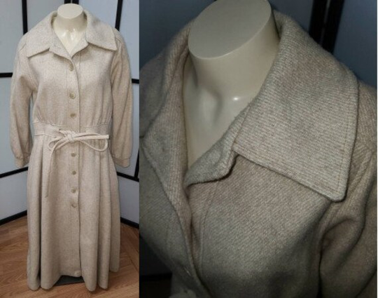 Vintage Long Coat 1970S Cream Wool Blend Princess Tie Waist Boho M