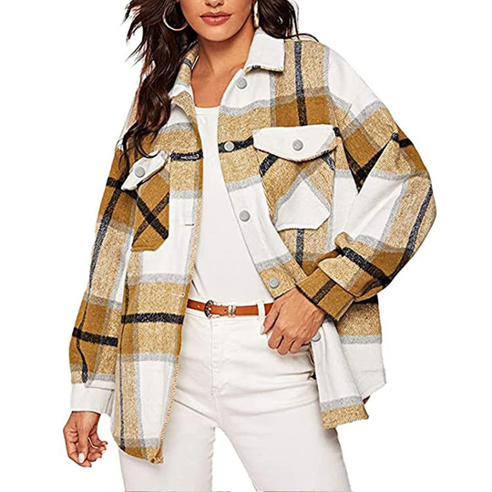 Womens Casual Plaid Wool Blend Button Down Long Sleeve Shirt Jacket Shackets - khaki, l - large beige