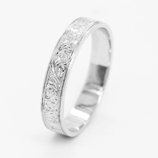 Flat Edwardian Scroll Engraved Men's Wedding Band Ring, 4.5mm Wide Band, Hand Carved