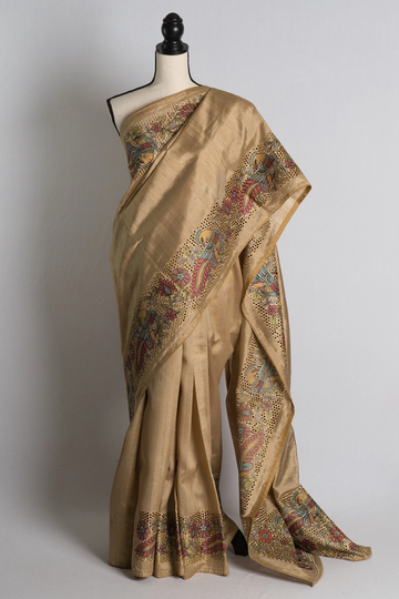 Blended Tussar Cut Work Kalamkari Saree in Beige | Bengal Looms