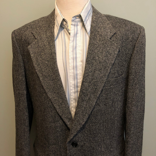 Gray/Black Herringbone Lambswool Blend Men's 2 Button Blazer C1970S - Size 42