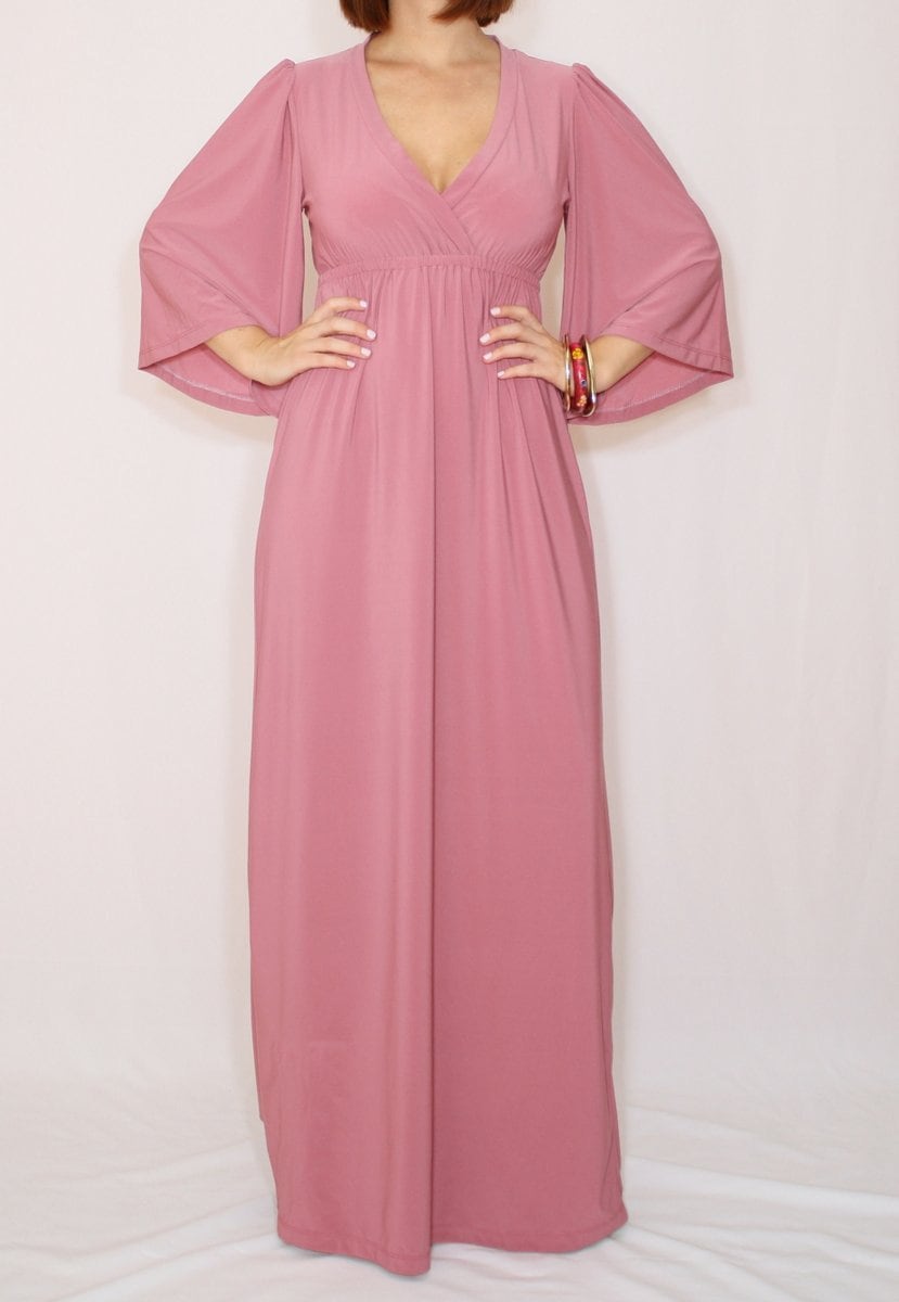 Dusty Rose Maxi Dress, Mauve Kimono Bridesmaid Long Dress