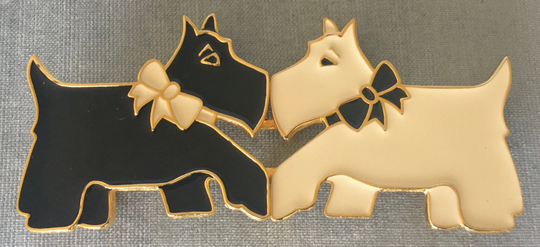 Yin Yang Dotty Smith Signed Puppy Dogs Scottish Westie Terrier Black White Enamel Big Belt Buckle Gold Metal Vintage Designer Runway Couture