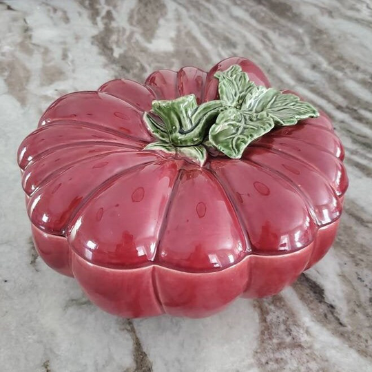 Olfaire Ceramic Tomato Shaped Tureen Or Serving Bowl, Made in Portugal