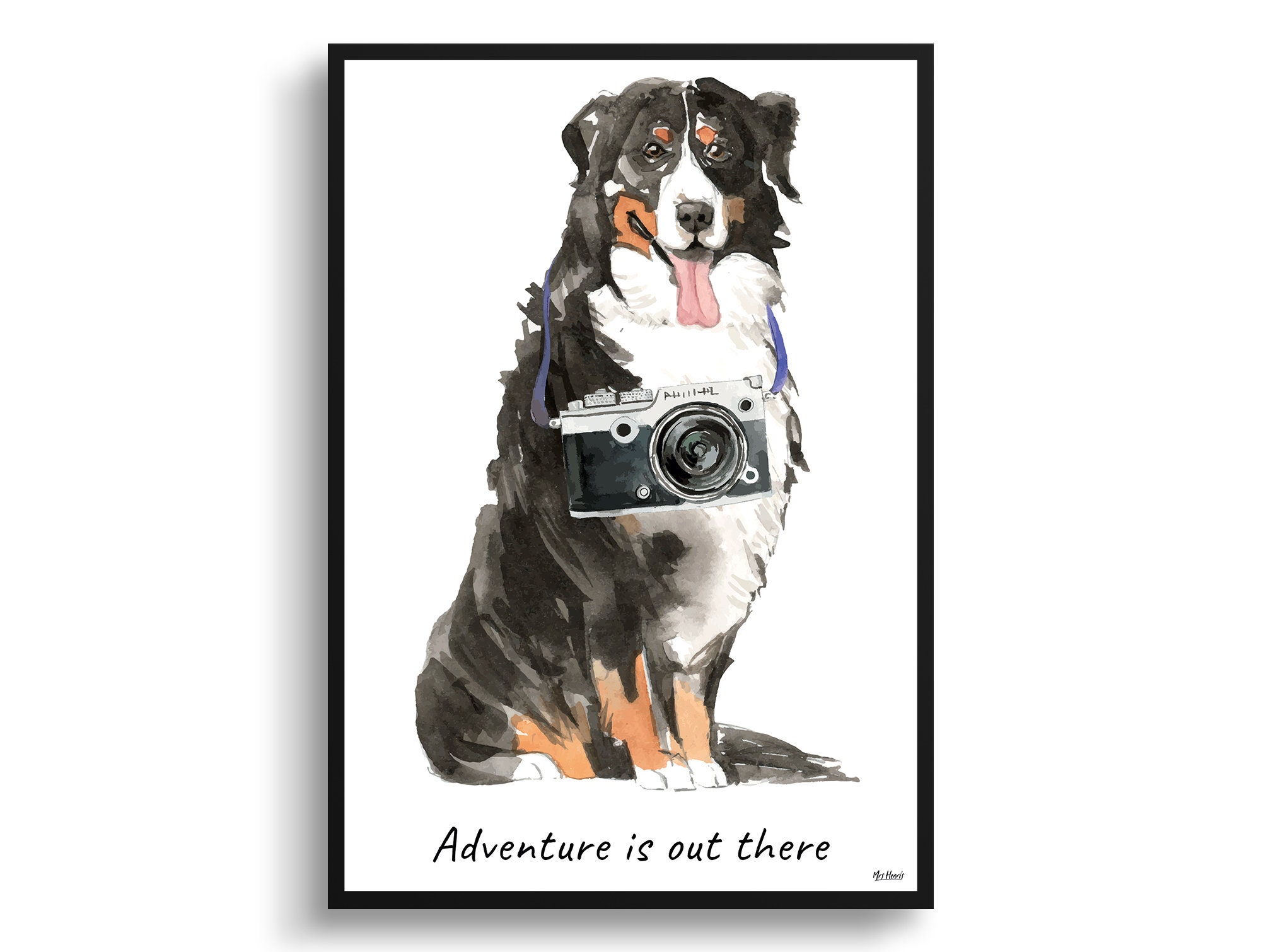 Adventure Is Out There Bernese Mountain Dog Print Illustration. Framed & Un-Framed Wall Art Options. Personalised Name