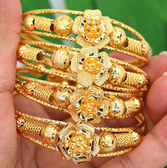 4Pc/Set 24K Real Gold Plated Dubai Wide Bangles Bracelet Cuff Style, Ball Butterfly Bangles, Turkish Moroccan Jewelry, African Jewelry