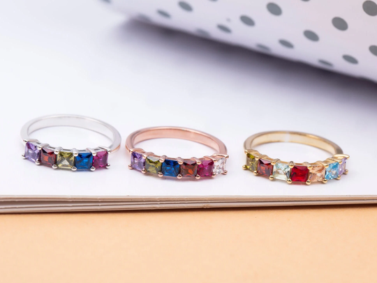Solid Gold Princess Cut Birthstone Rings, Family Ring For Mother, 14K Custom Made Gemstone Gift Grandma's, Valentine's Day Gifts