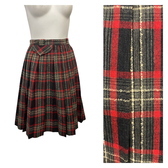 1950S Plaid Skirt/50S Pleated Wool Blend Knee Side Zip Women's Xs