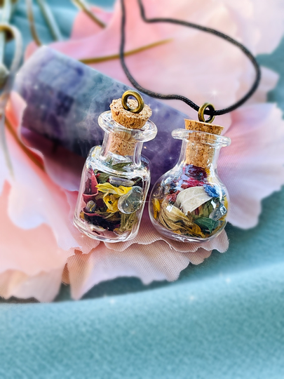 Crystal + Herb Blend Mini Glass Jar Cork Topped Pendant - Authentic Gemstone Necklace/Apothecary