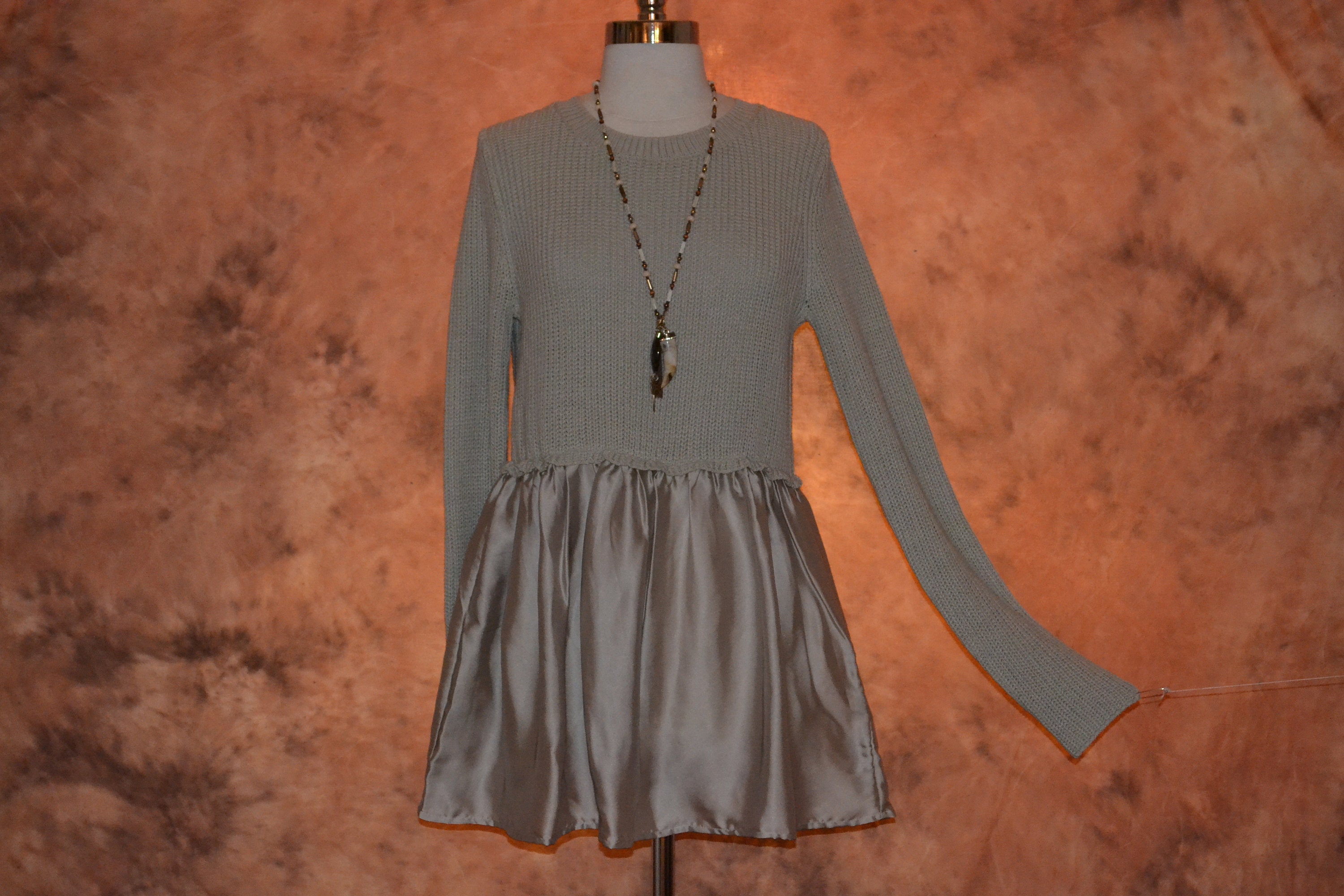 Sweater Tunic Dress Cotton Blend Knit & Poly Satin Long Blouse Or Short