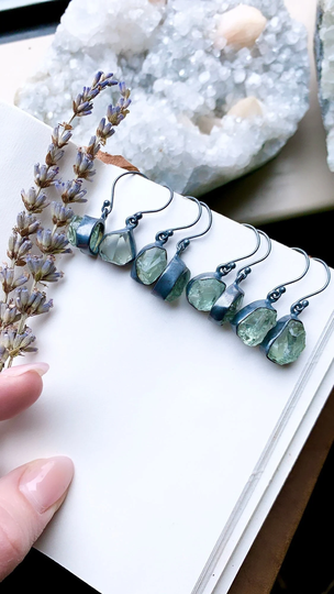 Green Amethyst Earrings, Raw Crystal Prasiolite Dangle Boho Earrings