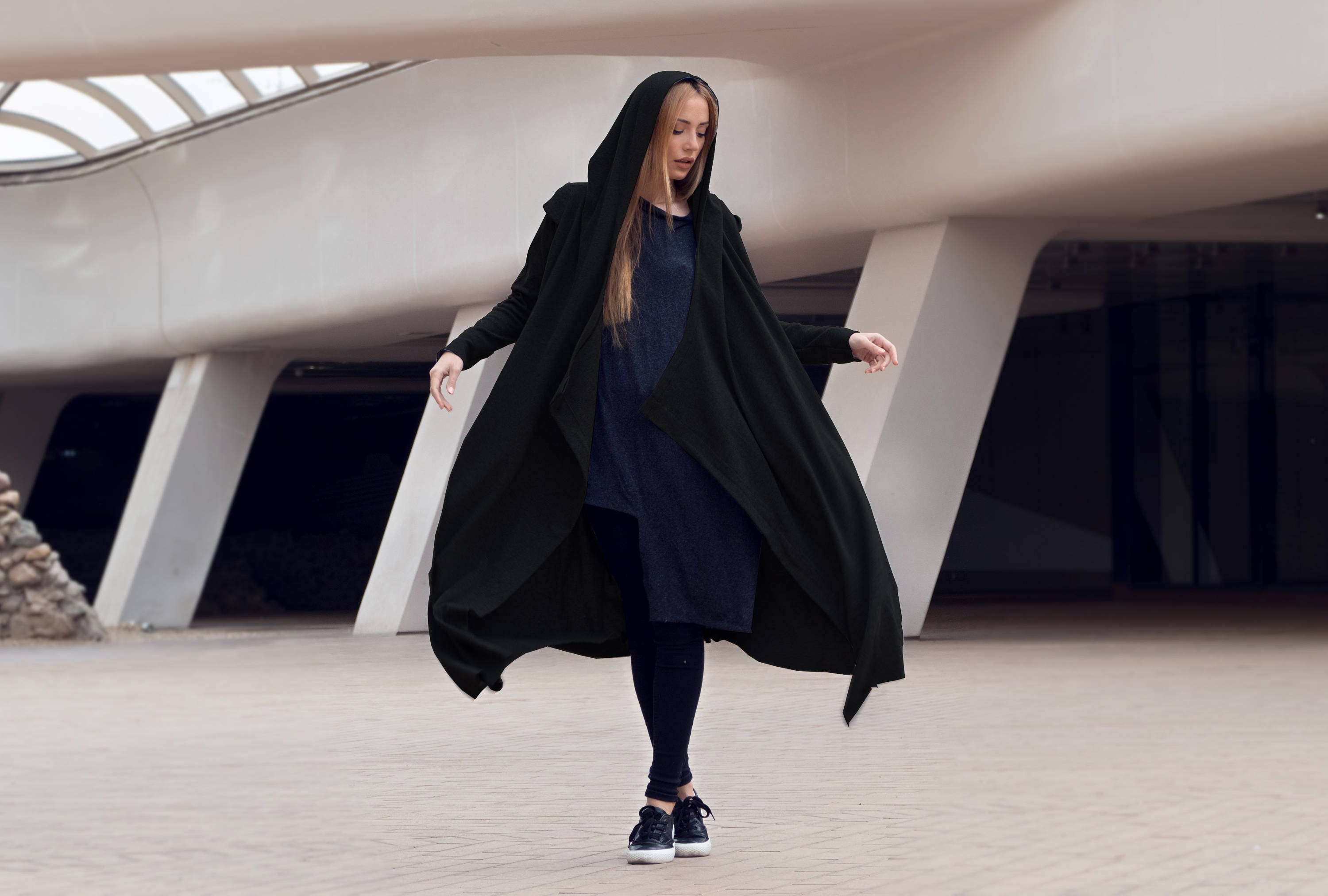 Plus Size Black Knitted Maxi Coat With Hood