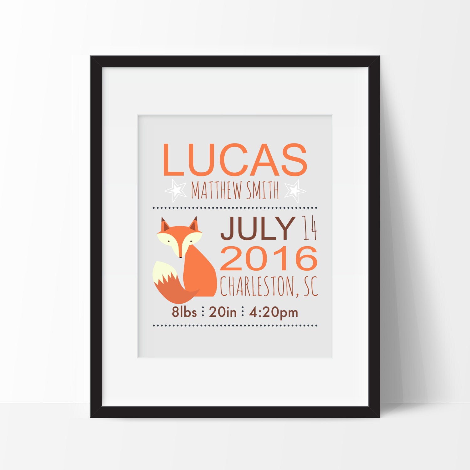 Fox Nursery Decor - Birth Announcement Stats Wall Art Custom Baby New Parent Gift