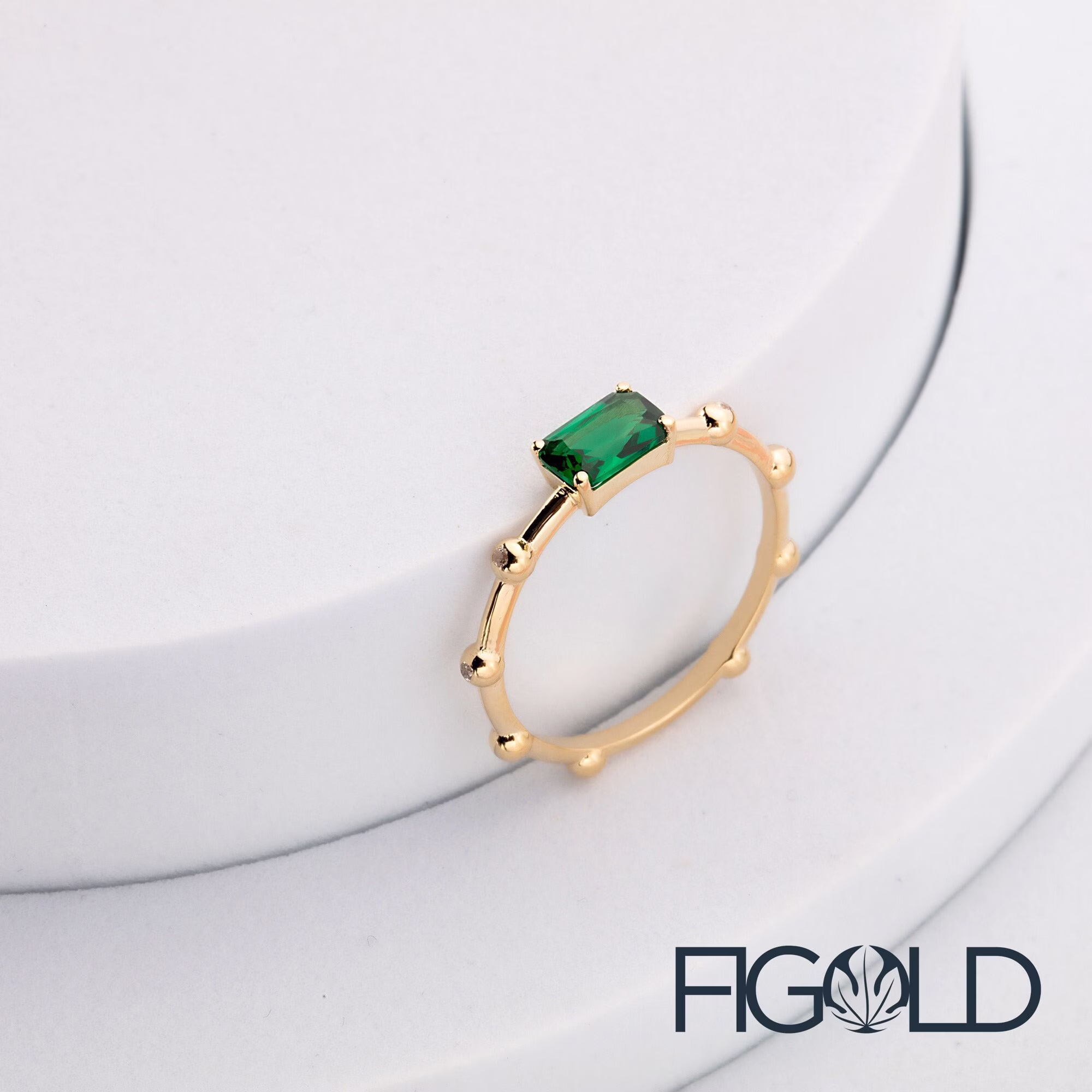14K Solid Gold Emerald Ring, Art Deco Green Stone Dainty Gift For Her, Handmade Jewelry