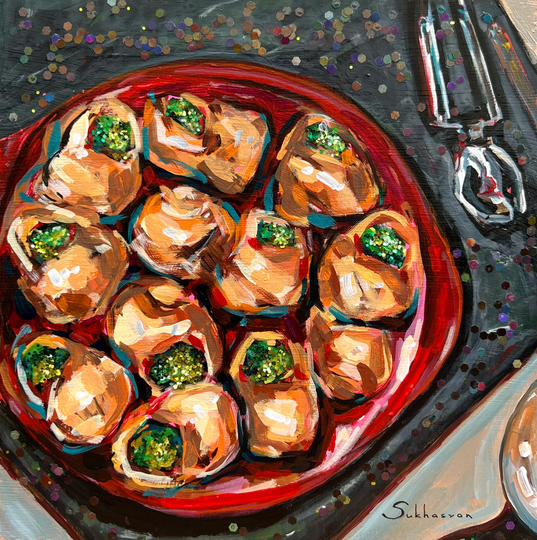 still Life With Escargots | Snails. Original Acrylic Painting Glitter On Wood Panel 8x8 Inches | 20x20 cm By V. Sukhasyan