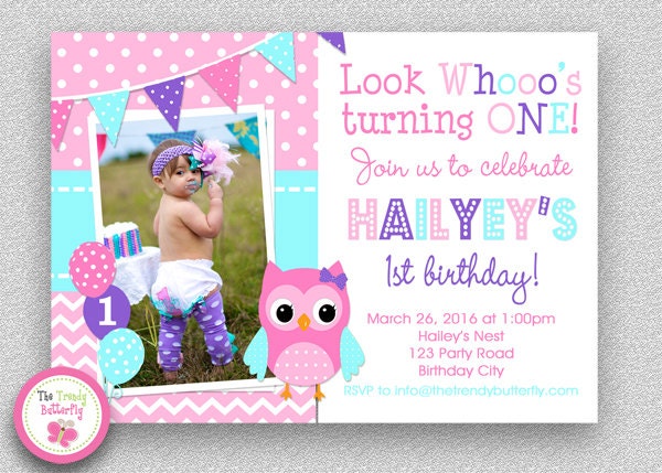 Girls Birthday Invitation , 1st Birthday Pink Purple Turquoise Blue Owl 2nd Printed Invitations