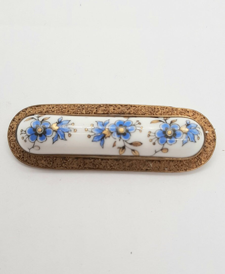 Gold Filled Porcelain Hand Painted Floral Bar Pin Brooch