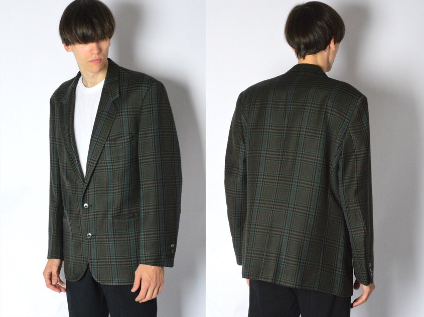 Vintage 80S Khaki Green Check Wool Blend Mens Blazer Chest Size 42 in Made in Portugal