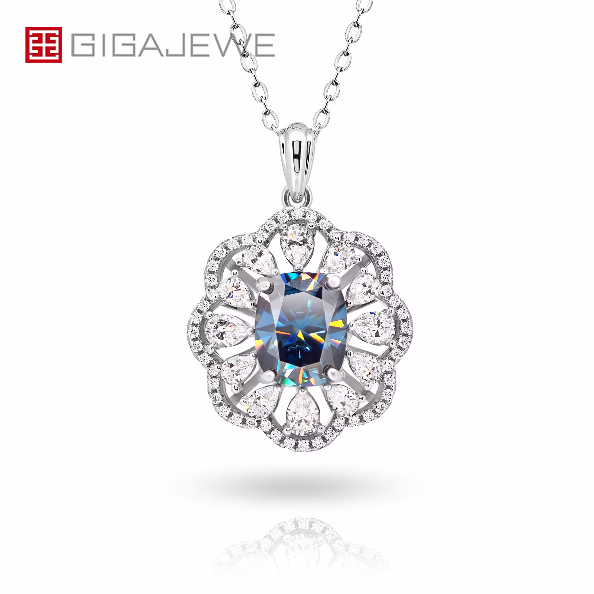 8Ct White Gold 9K/14K/18K Necklace 8x10mm Cushion Cut Blue Color Moissanite, Necklace, Women Gifts, Women Jewery