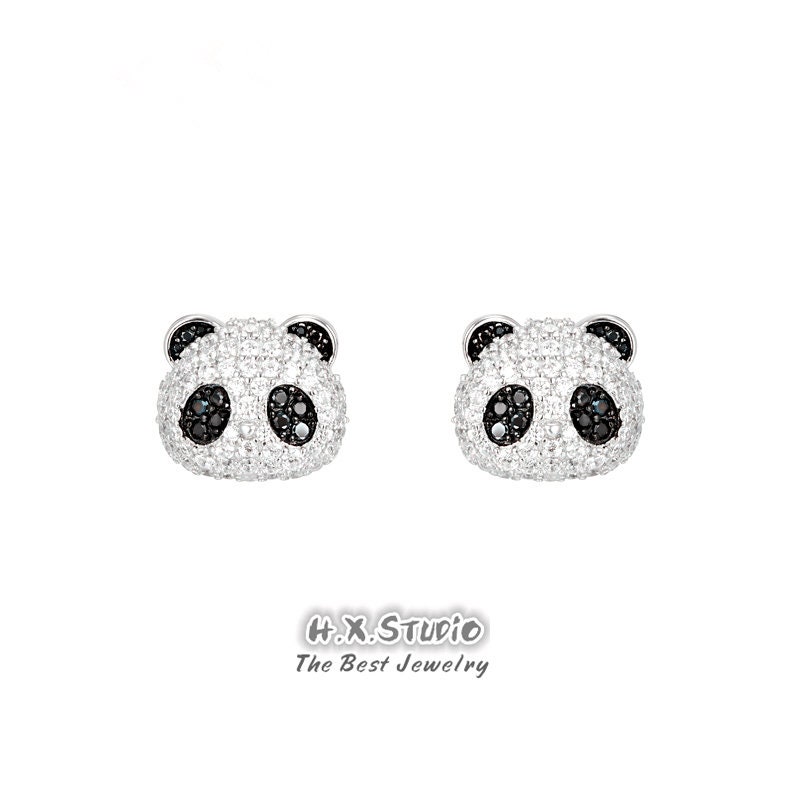 Panda Stud Earrings, Solid 18K Gold, Genuine Diamond, Two-Color Cute Stud, Animal Jewelry, Gift For Women & Girls, Anniversary