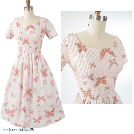 60's L'aiglon Pink Butterfly Print Dress-1960S Novelty Dress-Pintuck Bodice Voile-Feminine-Ladylike-Summer-Garden Party-Wedding-S-Sm