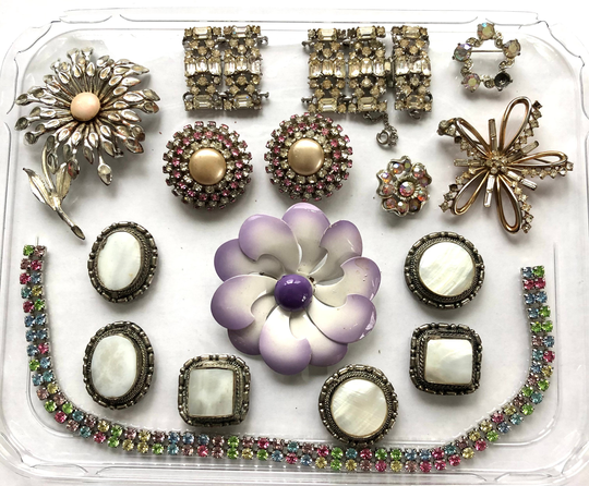 Vintage Broken Rhinestone Jewelry Findings Parts Embellishments Brooches Lot Repurpose Mixed Art Repair Supply Colorful Mix