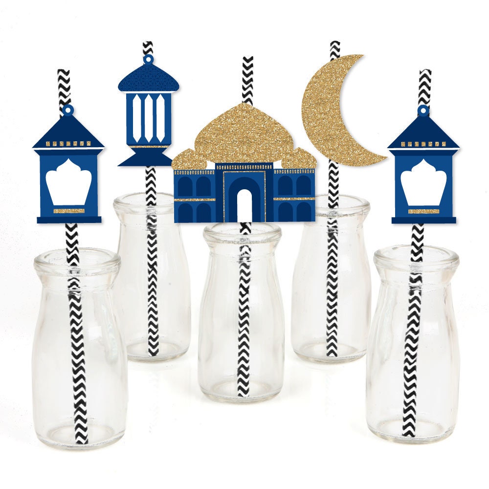 Ramadan - Die-Cut Straw Decorations Eid Mubarak Paper Cut-Outs & Striped Straws Happy Lantern, Mosque & Moon Set Of 24