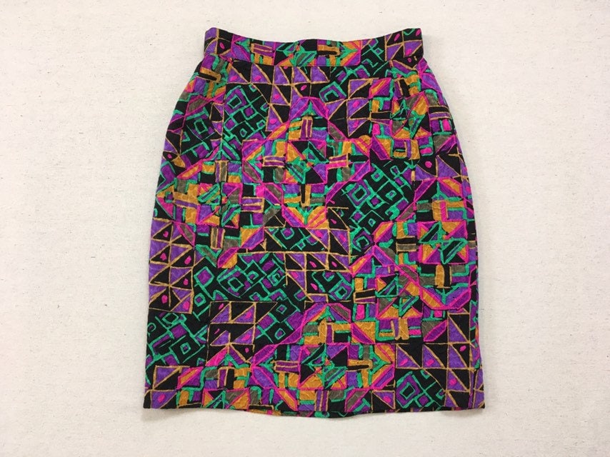 1990's, Silk/Wool Blend, Pencil Skirt, in Black, Magenta, Purple, Mustard & Teal, Abstract Print, By Louis Feraud