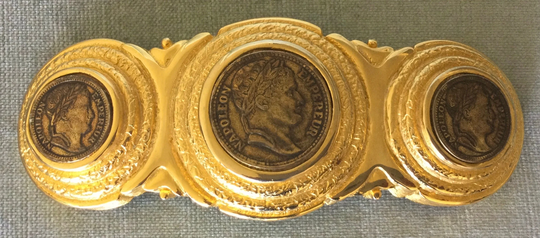 Huge Dotty Smith Signed Triple Coin 5 1/8" Belt Buckle Gold Metal Napoleon Emperor Head Vintage Designer Runway Couture Art Deco Big Roman