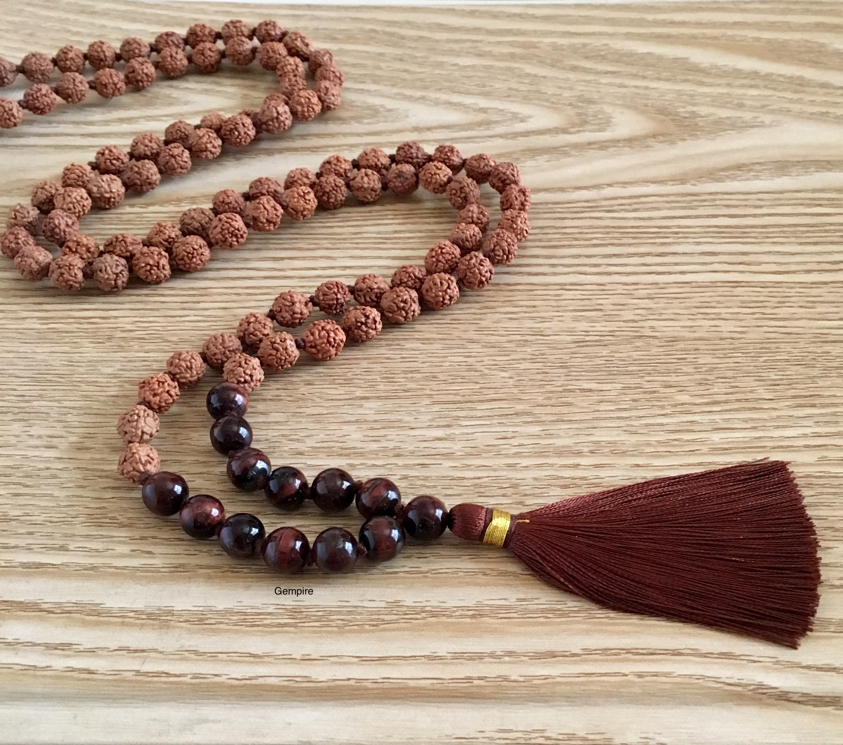 Rudraksha Mala - Red Tigers Eye Necklace 8 Mm, 108 Japa Knotted Bead, Mens Necklace, Yoga Jewelry Prayer Beads