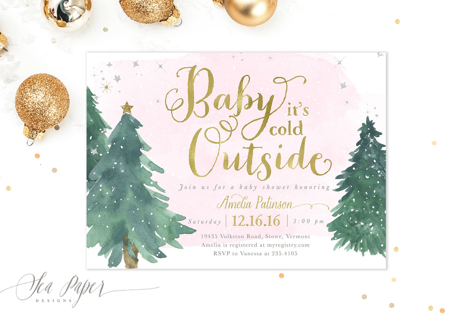 Winter Baby Shower Invitation Girl, It's Cold Outside, Girl Holiday Invite, Snow 1 Pink