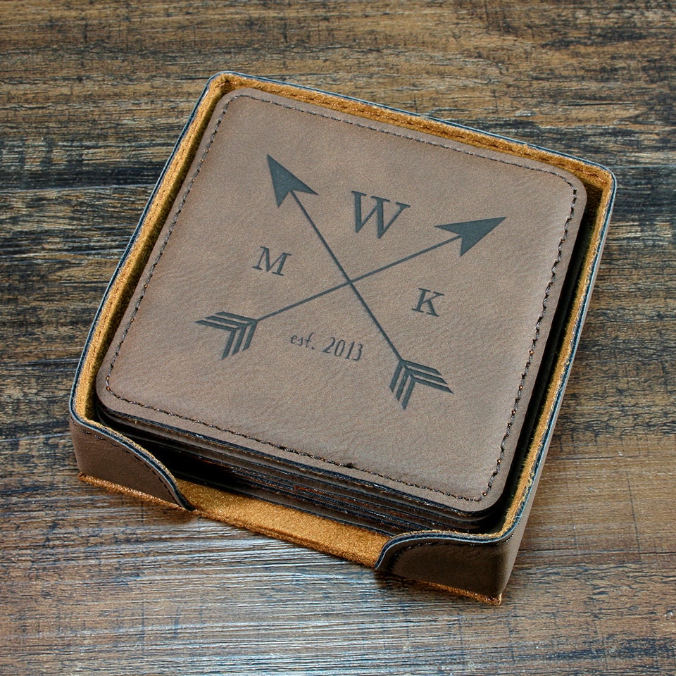 Personalized Leather Coaster Set With Crossing Arrows, Coasters, Engraved Custom Gift For Couples