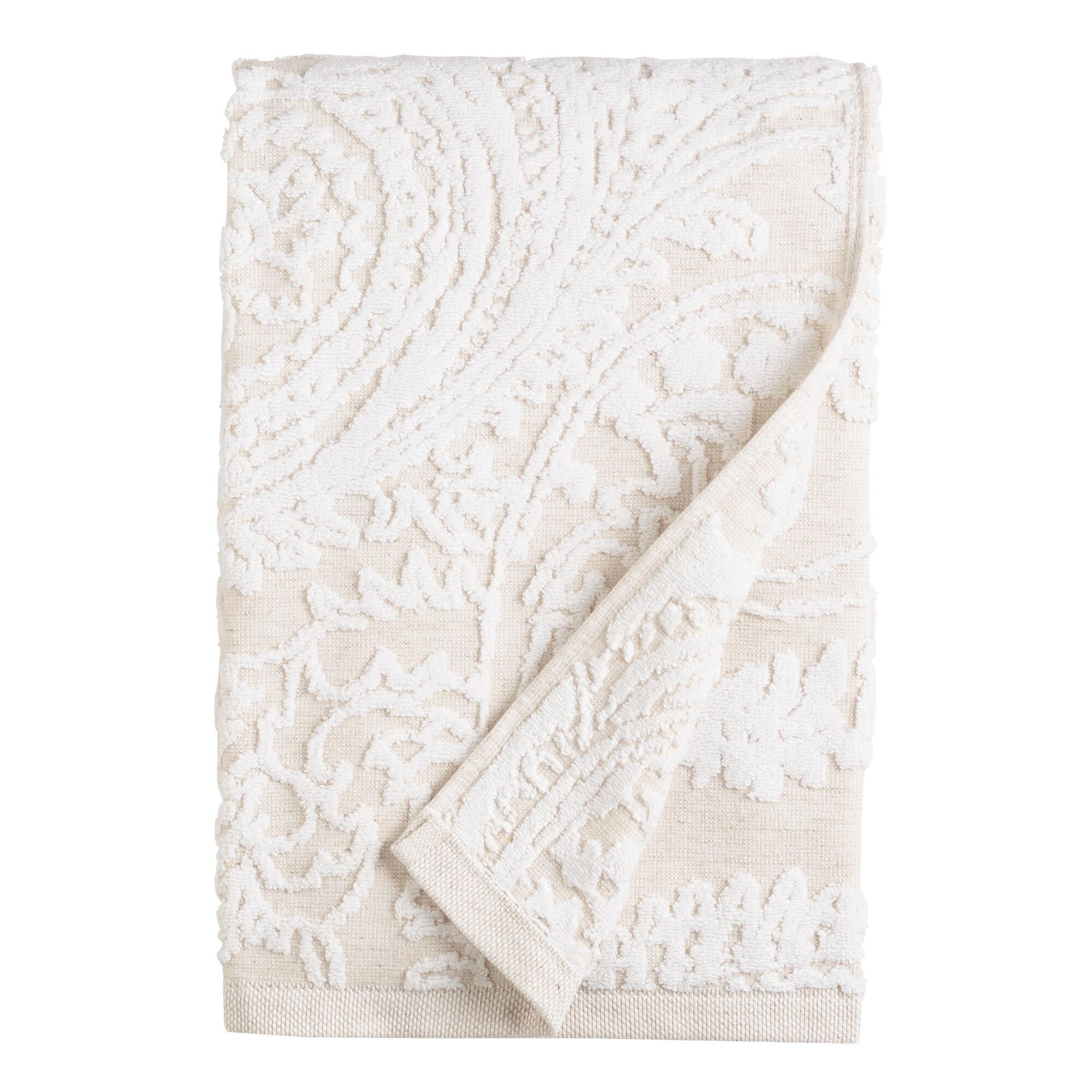 Alexandra Linen Flower Bath Towel: White - Cotton by World Market