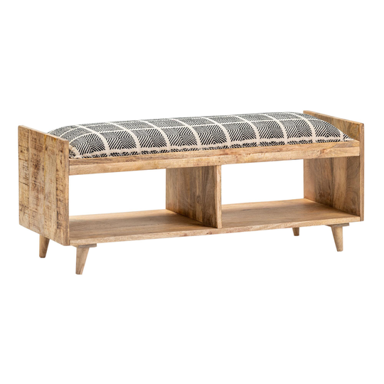 Mango Wood Nelson Upholstered Bench with Shelves: Black/White - Fabric by World Market